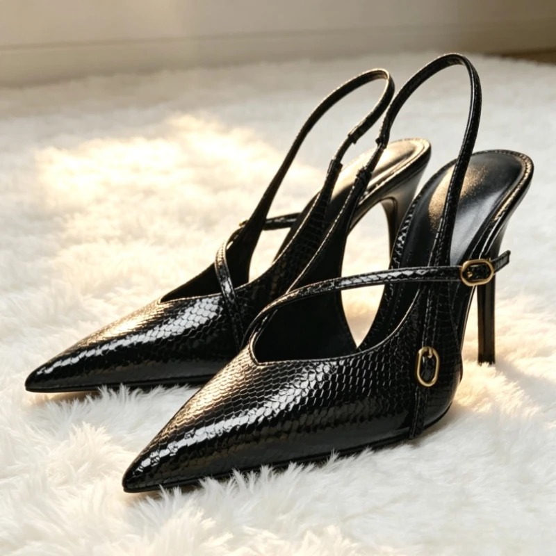 Slingback Heel Formal - 섹시한 뾰족코 텍스처 가죽 하이힐 여성
