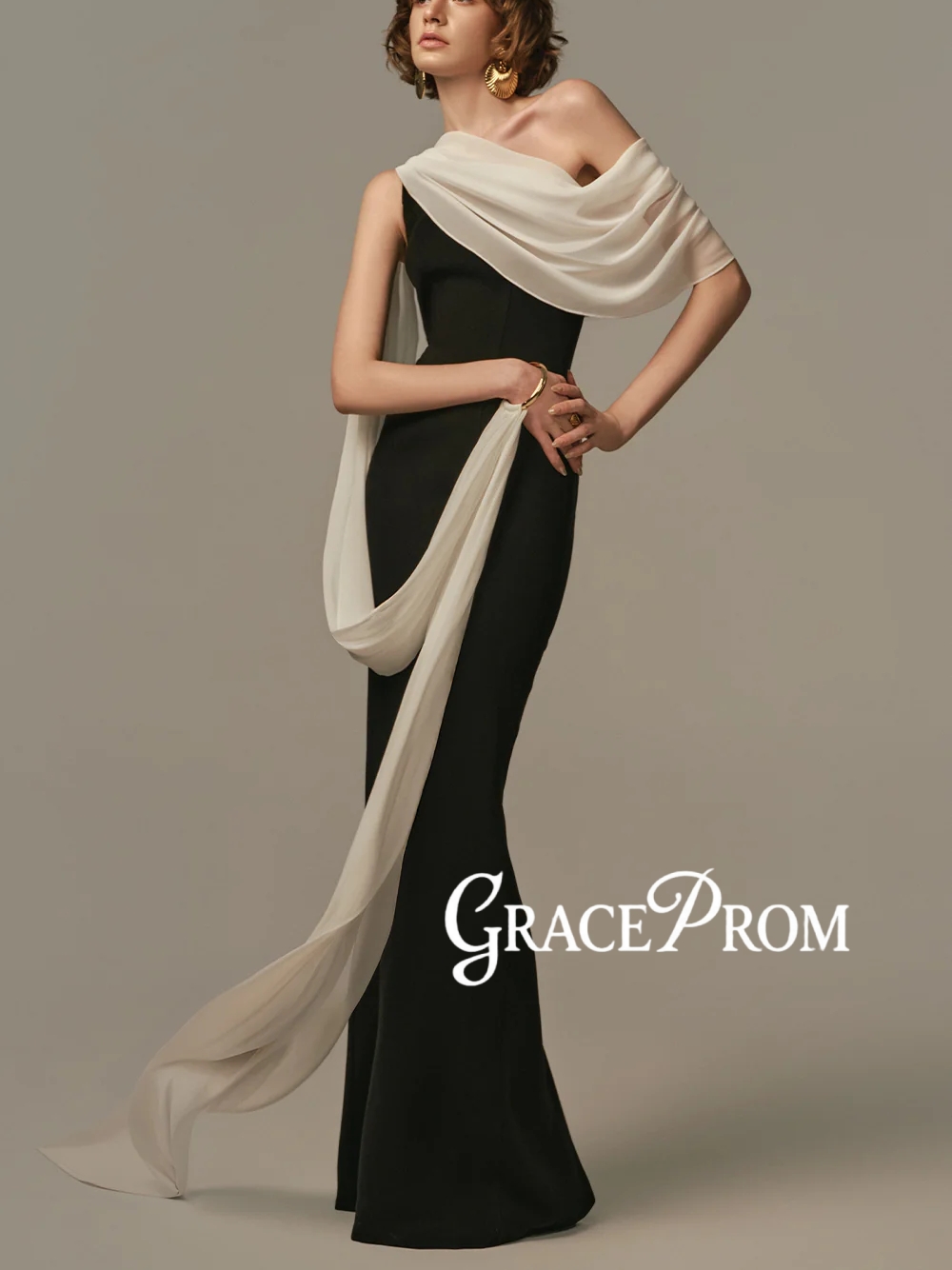 Formal Gala Wear Women - 우아한 투톤 이브닝 가운 심플 원숄더