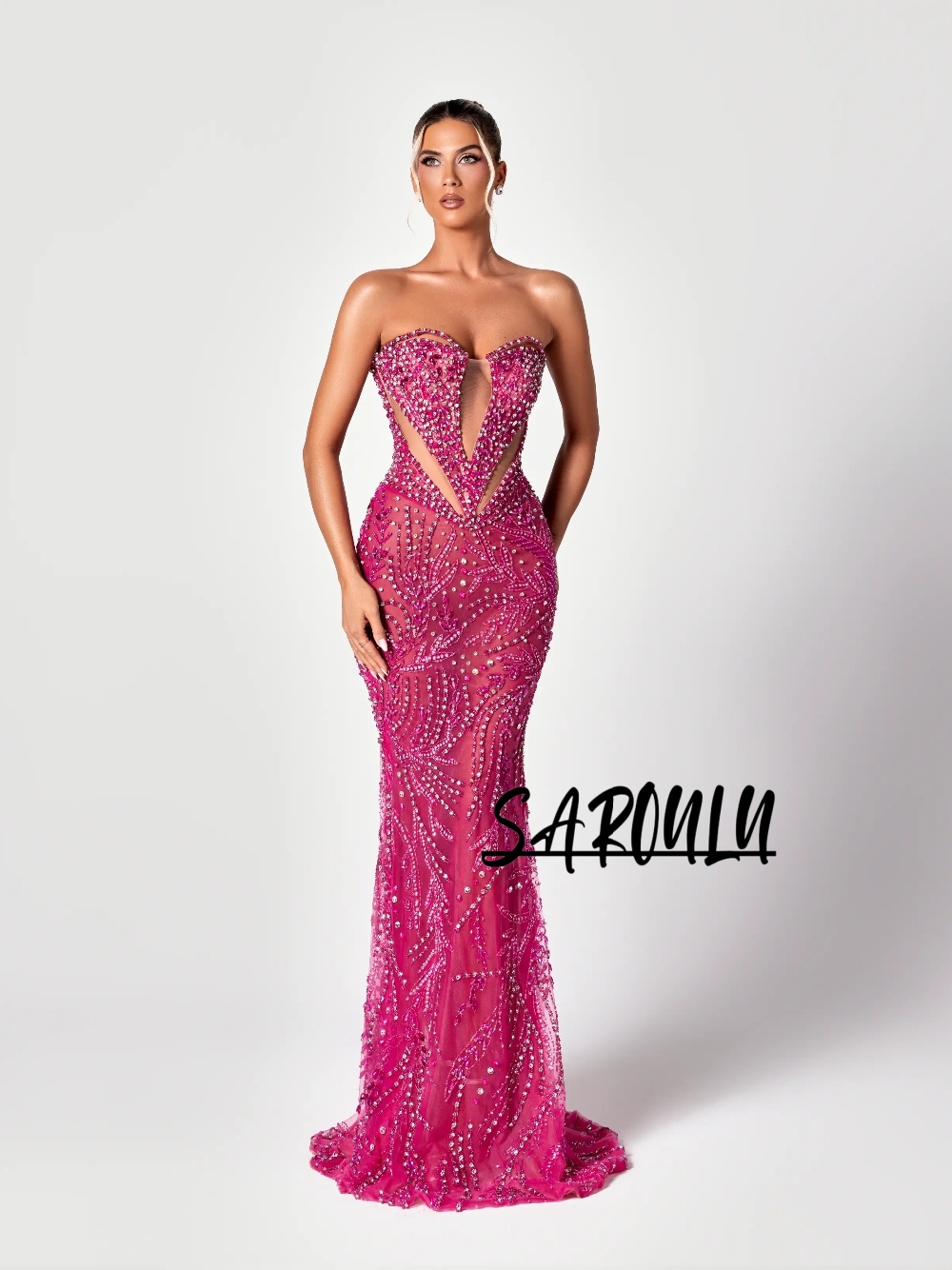 Formal Gala Wear Women - 자홍색 컷아웃 스위트 이브닝 드레스, 일루젼