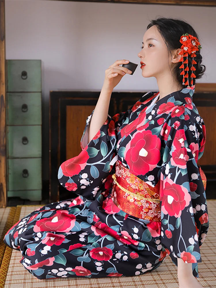 Japanese Women Formal Wear - 빈티지 스타일 여성 플로럴 프린트 롱
