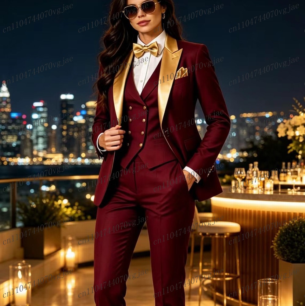 Blazer Set Women Formal - 골드 칼라와 버건디색 정장 비즈니스 여성