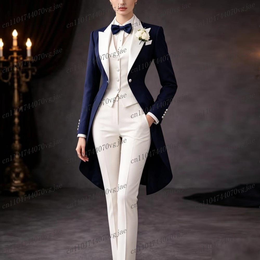 Blazer Set Women Formal - 네이비 블루와 화이트 롱 여성 정장,