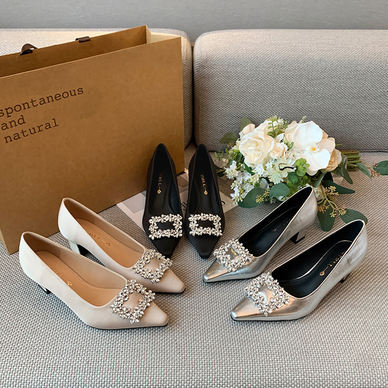Women Formal Wear Heels - 여성용 블랙 새틴 포인티드 토 펌프스,