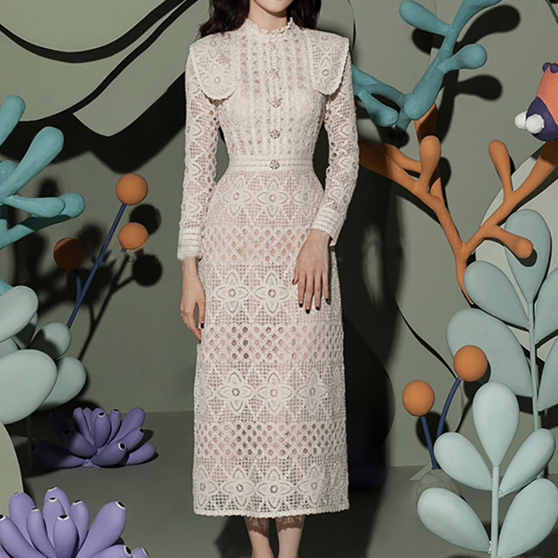 Formal Gala Wear Women - 푸타오 레이스 미디 이브닝 드레스 긴팔