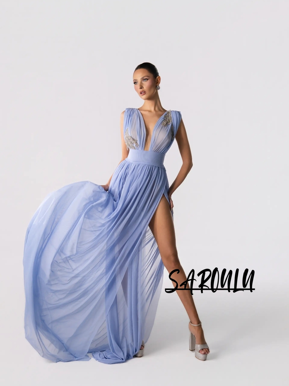 Formal Gala Wear Women - 연하늘색 섹시한 딥 V넥 이브닝 드레스