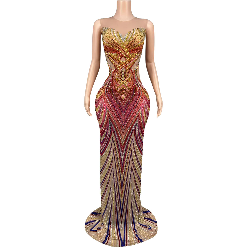 Formal Gala Wear Women - 여성용 반짝이 라인스톤 메쉬 이브닝 가운