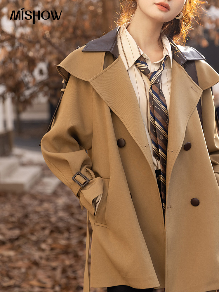 Trench Coat Formal - MISHOW 여성용 폴로 칼라 패치워크 트렌치