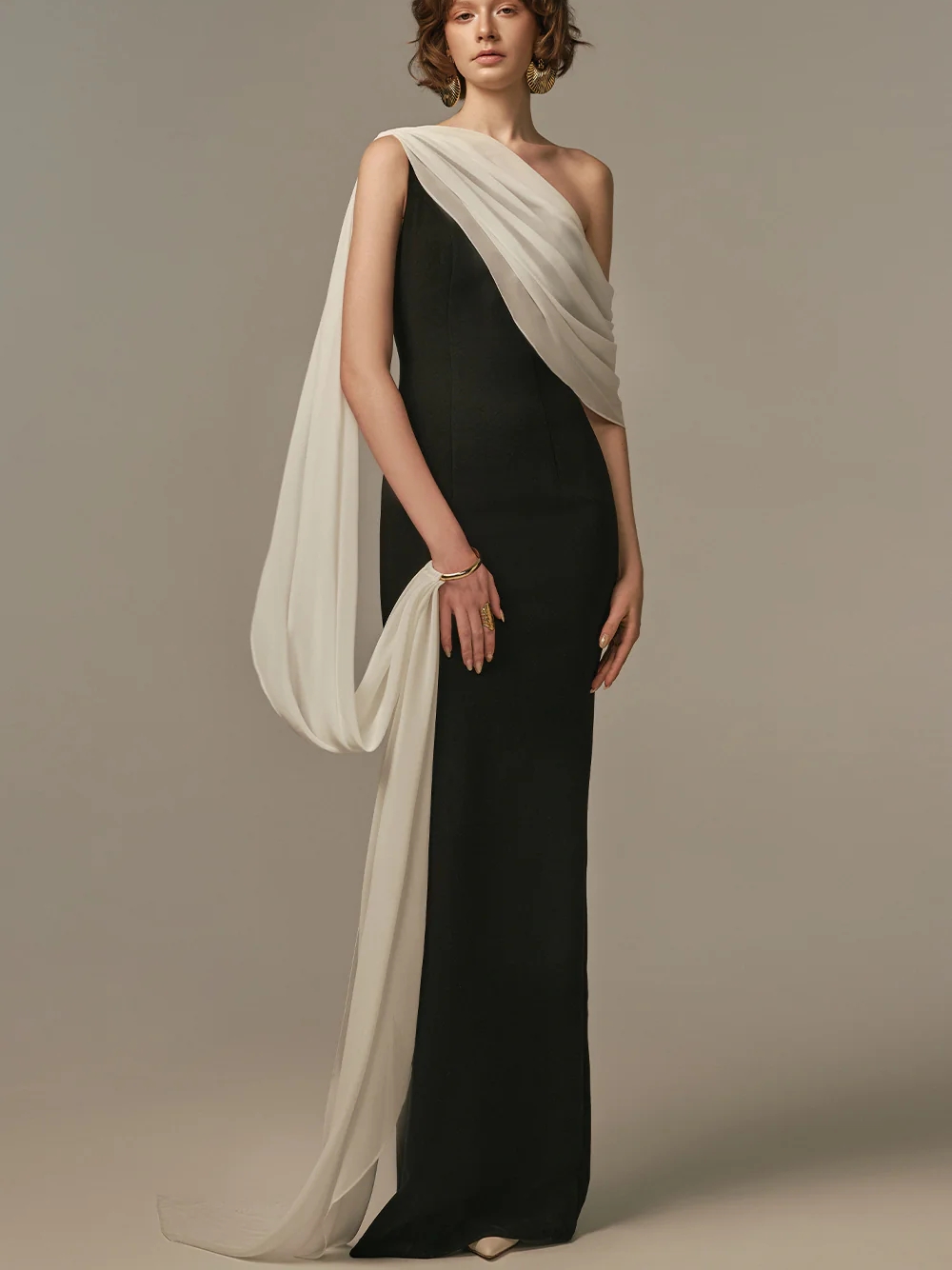 우아한 투톤 이브닝 가운 심플 원숄더 드레이핑 플로잉  - Formal Gala Wear Women 리뷰 및 가격
