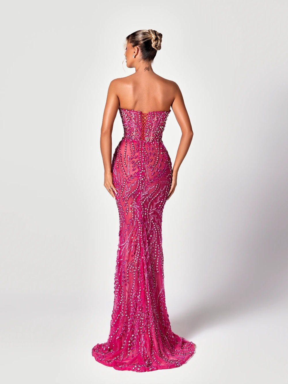 자홍색 컷아웃 스위트 이브닝 드레스, 일루젼 레이스업  - Formal Gala Wear Women 리뷰 및 가격