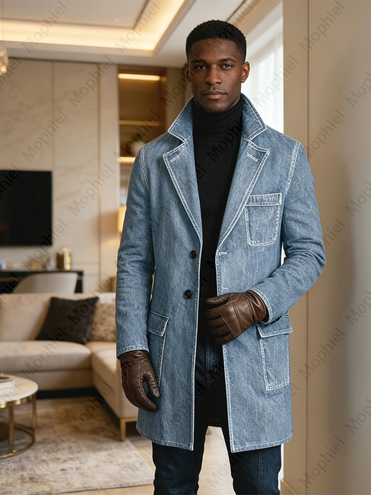 빈티지 남성용 워싱 데님 트렌치 미디엄 길이 슬림핏 턱 - Trench Coat Formal 리뷰 및 가격