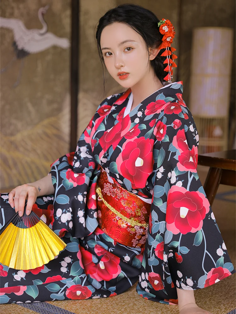 빈티지 스타일 여성 플로럴 프린트 롱 드레스 일본 기모 - Japanese Women Formal Wear 리뷰 및 가격