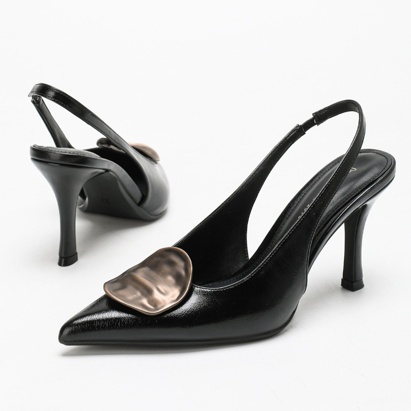우아한 백리스 하이힐 여성용 레트로 메탈 장식 뾰족한  - Slingback Heel Formal 리뷰 및 가격
