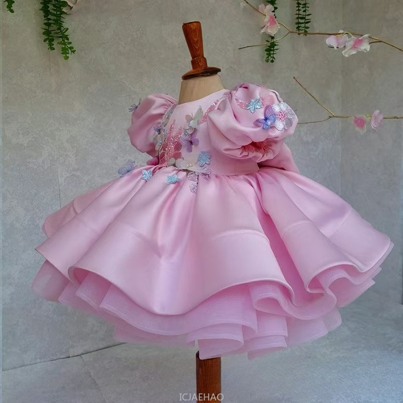 새로운 키즈 새틴 드레스 버블 소매 공주 1 생일 공연 - Women'S Formal Wear For Girls 리뷰 및 가격
