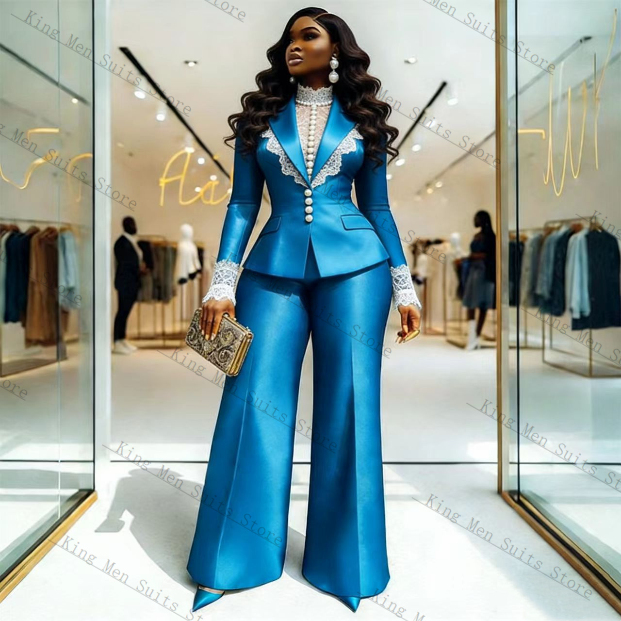 블루 새틴 레이스 여성 정장 세트 2 Pcs 블레이저  - Women'S Formal Wear Jackets 리뷰 및 가격