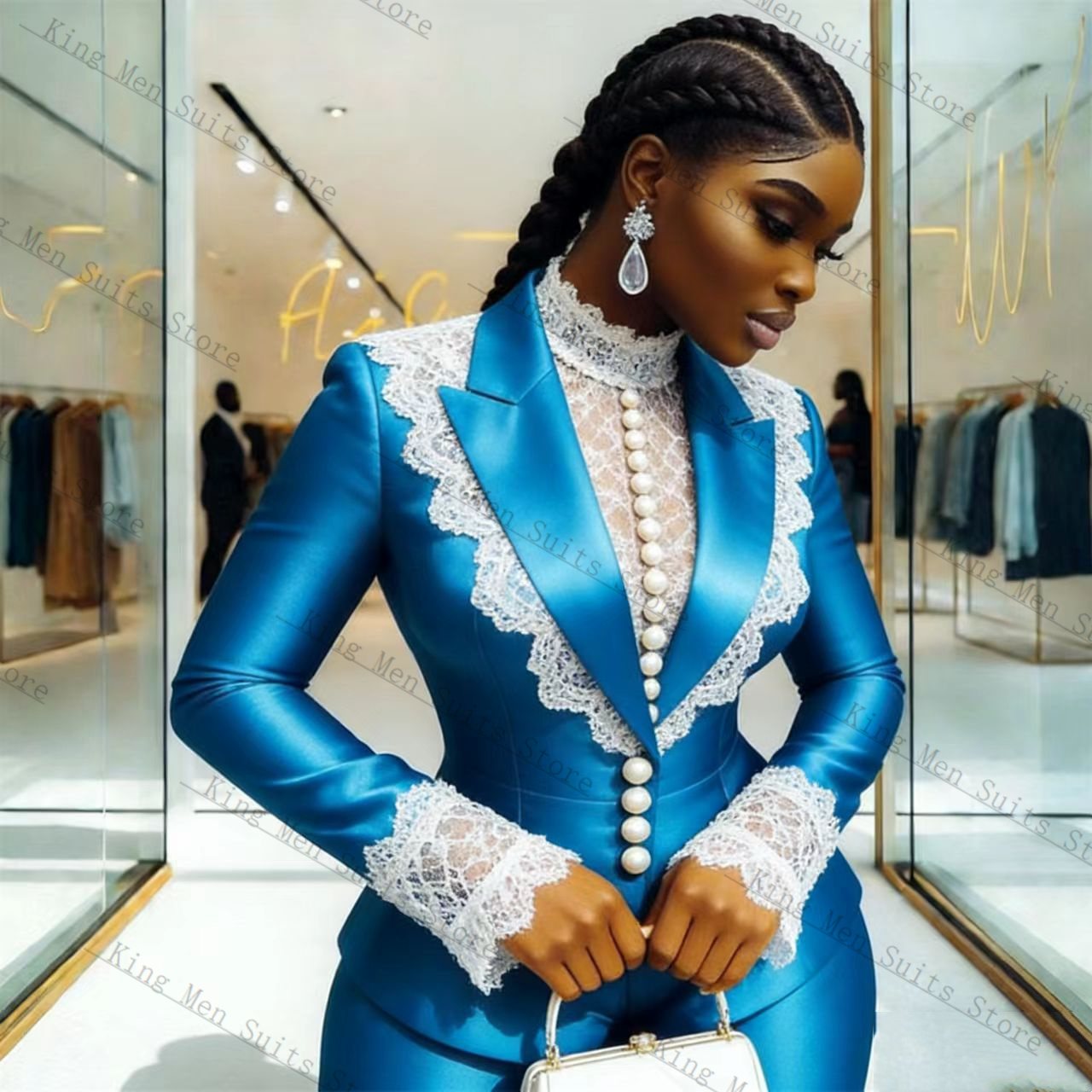 블루 새틴 레이스 여성 정장 세트 2 Pcs 블레이저  - Women'S Formal Wear Jackets 리뷰 및 가격