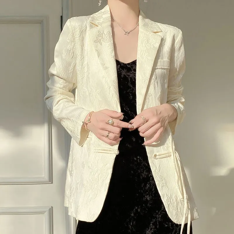 여성용 흰색 텍스처드 블레이저 재킷 노치드 라펠 싱글  - Women'S Formal Wear Jackets 리뷰 및 가격