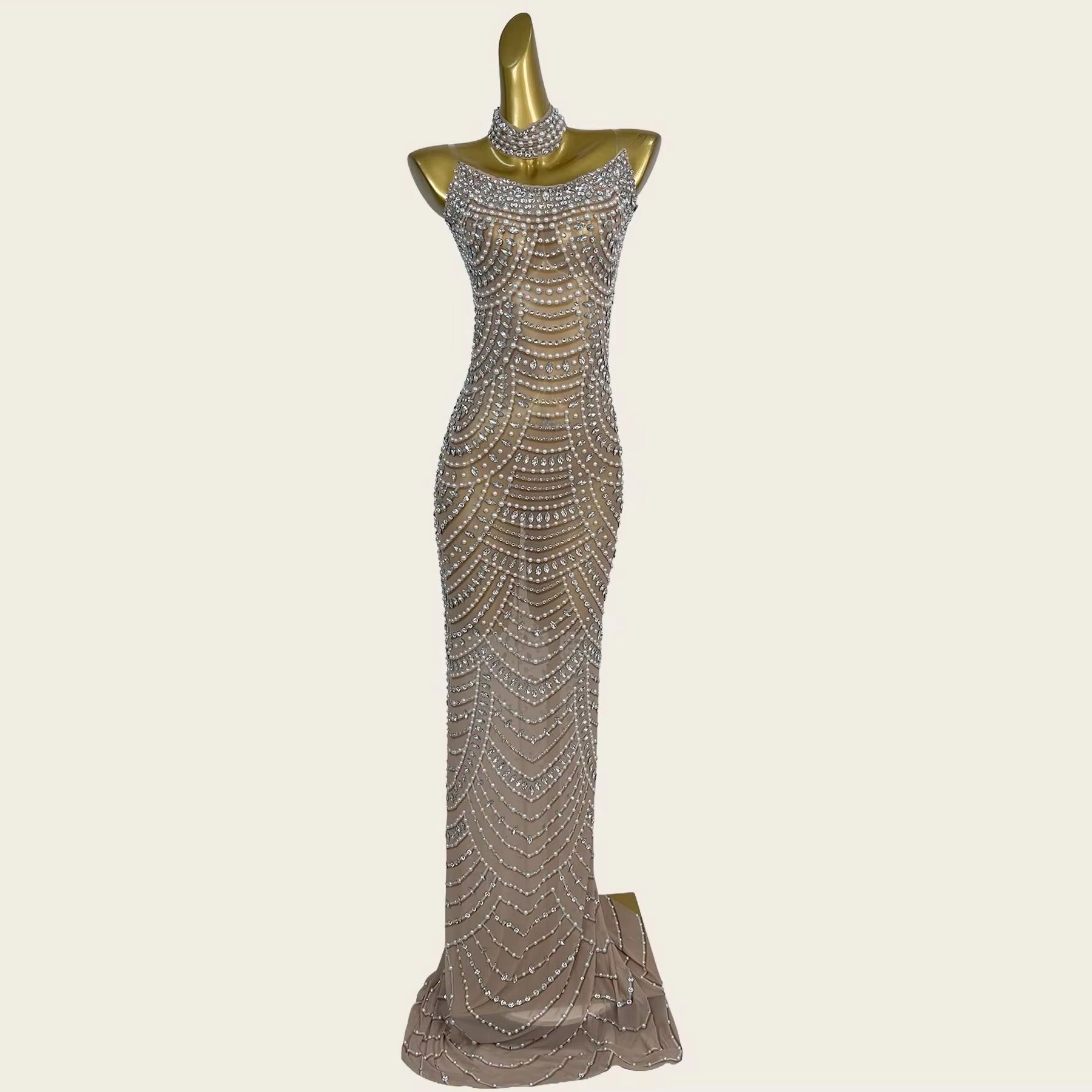 반짝이는 라인스톤 인어 이브닝 가운 시스루 메쉬 크리스 - Formal Gala Wear Women 리뷰 및 가격