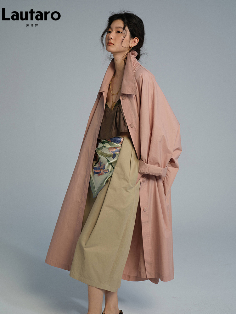 라우타로 봄 가을 롱 오버사이즈 얇은 핑크 트렌치 코트 - Trench Coat Formal 리뷰 및 가격