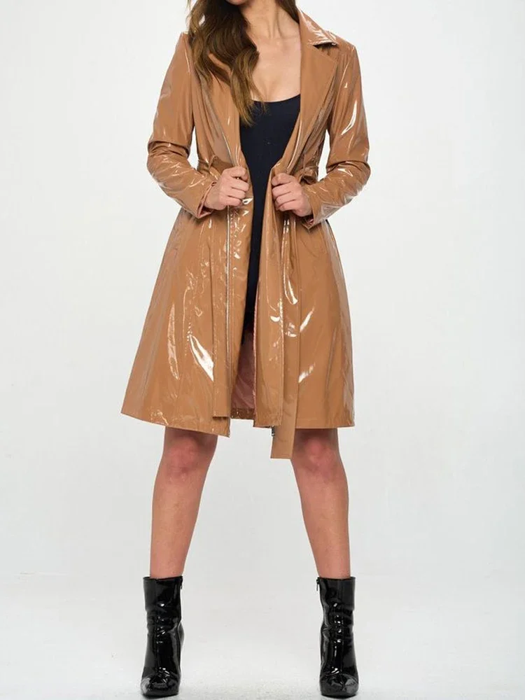 여성용 반짝이는 인조 가죽 타이업 턴다운 칼라 트렌치  - Trench Coat Formal 리뷰 및 가격