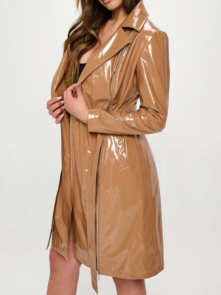 여성용 반짝이는 인조 가죽 타이업 턴다운 칼라 트렌치  - Trench Coat Formal 리뷰 및 가격